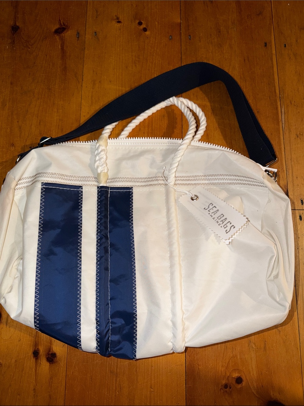 Sea Bags White and Navy Rope Handle Tote crossbody Strap Rugby Stripe